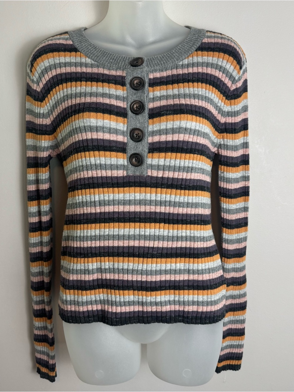 American Eagle Outfitters Striped Ribbed Long Sleeve Top With Buttons Size Large